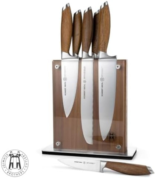 Schmidt Brothers - Bonded Teak 7-Piece Knife Set High-Carbon Stainless Steel Cutlery With Midtown Acacia And Acrylic Magnetic Knife Block