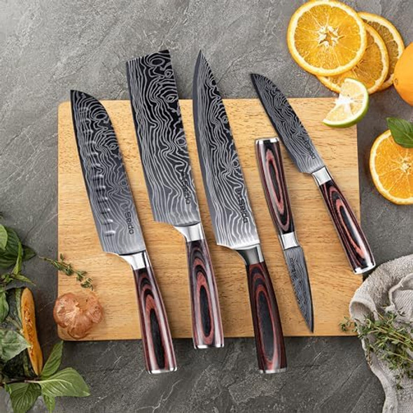 Seido Knives 5-Piece Damascus Master Chef Knife Set - Includes Gyuto Santoku Nakiri Paring Knives - High-Carbon Stainless Steel Kitchen Knives
