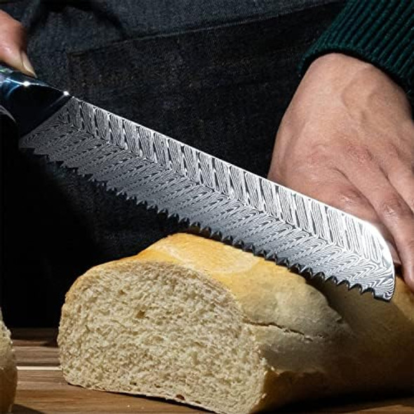 Senken 8" Damascus Steel Bread Knife - Umi Collection - 67-Layer Japanese Vg10 Steel Real Deep-Sea Abalone Shell Handle (Damascus Serrated Bread Knife)