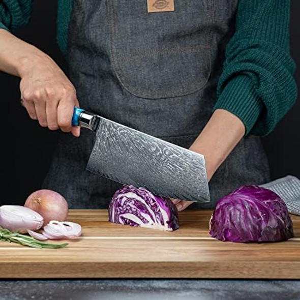 Senken Damascus Steel Cleaver Knife - Tsunami Collection - 67-Layer Japanese Vg10 Steel - Unique Blue Resin & Natural Wood Handle Razor Sharp Beautiful Damascus Wave Pattern (7.5" Cleaver Knife)