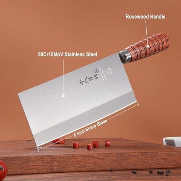 Shi Ba Zi Zuo Meat Cleaver Professional Chef Knife Stainless Steel 8 Inch Butcher Knife Classic Balanced Full Tang Rosewood Wooden Handle For Daily Basis