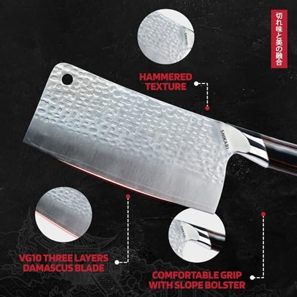 Shikari Chef & Cleaver Knife – Japanese Knife With Full Tang Vg-10 Damascus Steel – Professional Chefs Knife With Ergonomic Pakkawood Handle – Razor Sharp Cutting Blade For Kitchen