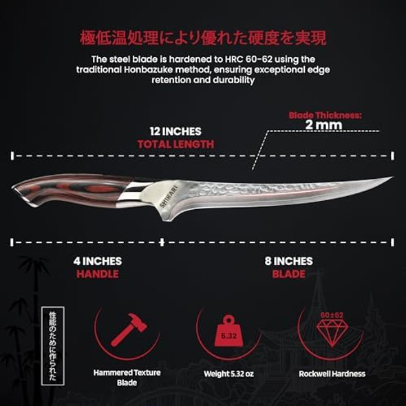 Shikari Filet Knife For Meat – 7 Inch Japanese Boning Knife For Meat Cutting– Full Tang Vg10 Steel Blade With Hammer Damascus Pattern – Professional Deboning Knive – Ergonomic Pakkawood Handle
