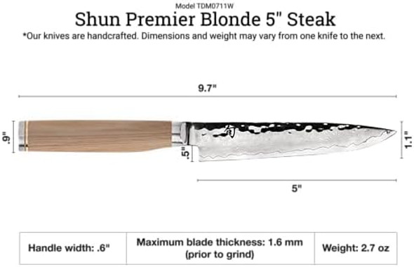Shun Premier 5" Steak Knife Handcrafted And Hand-Sharpened Japanese Knife For Professional And Home Chefs Vg-Max Core With Damascus Stainless Steel Cladding Pakkawood Handle