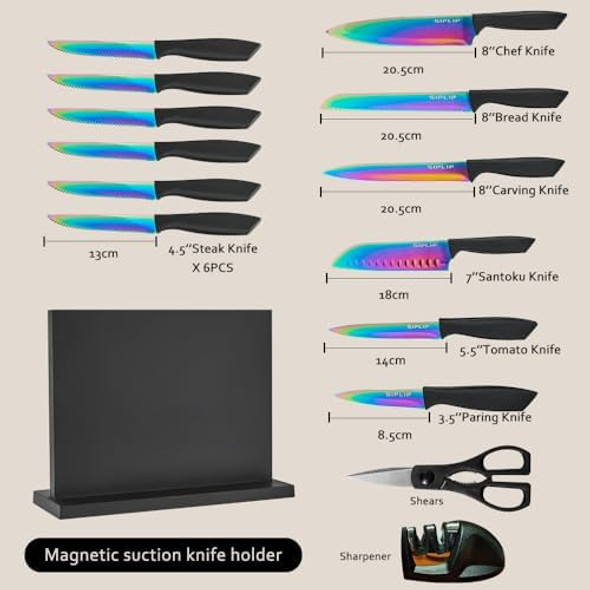 Kitchen Knife Set With Magnetic Knife Holder 15 Pieces High Carbon Stainless Steel Sharp Kitchen Knife Set Including Chef'S Knife Bread Knife Serrated Steak Knife Set