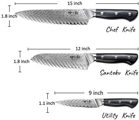 Knife Set 3 Pcs Professional Damascus Chef Knives 67 Layer Japanese Aus10 Steel Core Forged Kitchen Knives Well-Balanced Full Tang Handle Triple Rivet Handle - Black Box