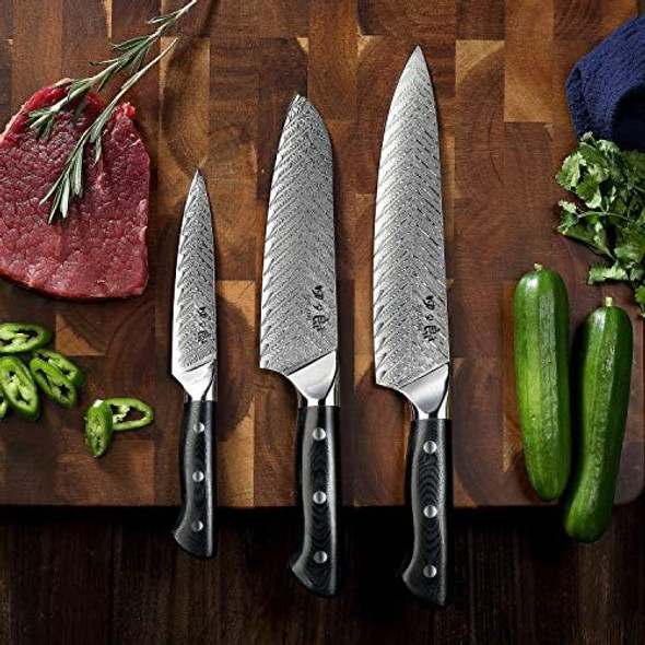 Knife Set 3 Pcs Professional Damascus Chef Knives 67 Layer Japanese Aus10 Steel Core Forged Kitchen Knives Well-Balanced Full Tang Handle Triple Rivet Handle - Black Box