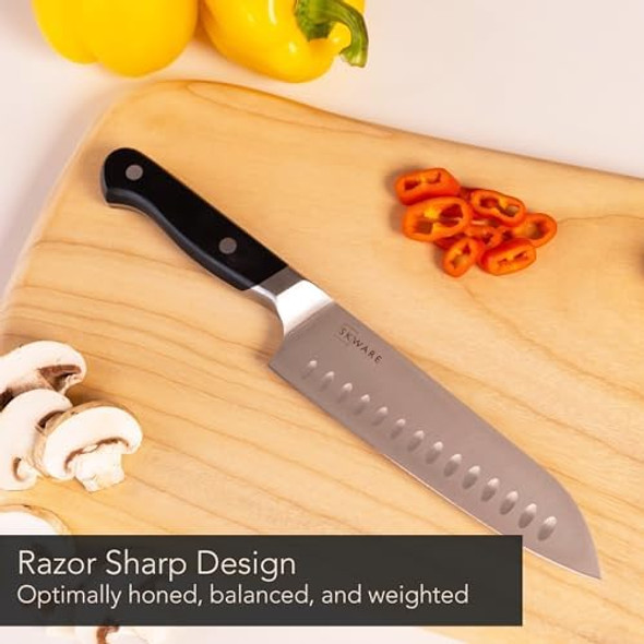 7" Chef Knife - Razor Sharp German Stainless Steel - Japanese Santoku Knife For Dicing Slicing Chopping Of Meat Fruit Vegetables - Black