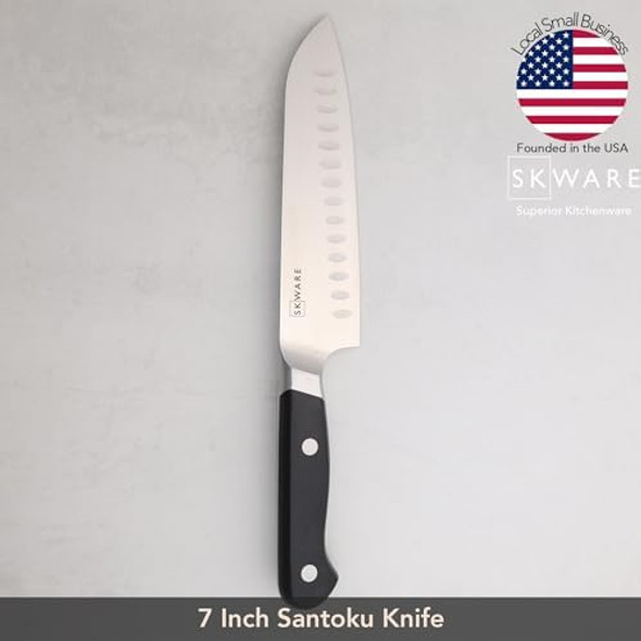 7" Chef Knife - Razor Sharp German Stainless Steel - Japanese Santoku Knife For Dicing Slicing Chopping Of Meat Fruit Vegetables - Black