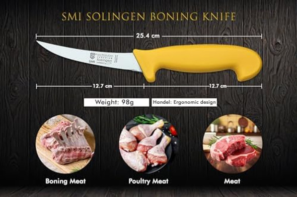 Smi Solingen Germany Boning Knife - Curved 5 Inch Semi-Stiff Sharp Blade Fillet Knife For Meat Processing And Deboning