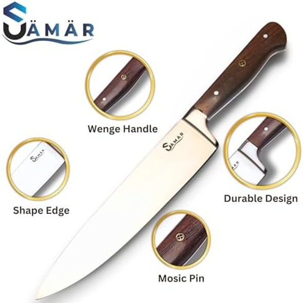 Chef Knife 8 Inch – Professional Stainless Steel Chef’S Knife With African Wood Wenge Handle & Mosaic Pin – Cuchillo De Cocina Profesional – Sharp Kitchen Tool For Meat & Vegetables