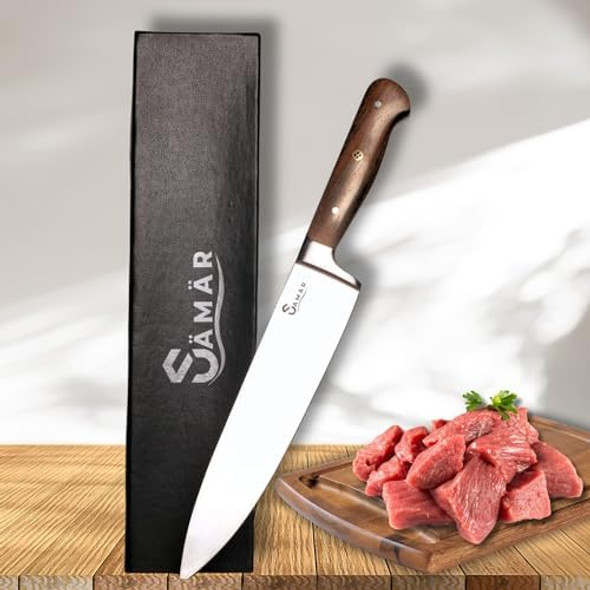 Chef Knife 8 Inch – Professional Stainless Steel Chef’S Knife With African Wood Wenge Handle & Mosaic Pin – Cuchillo De Cocina Profesional – Sharp Kitchen Tool For Meat & Vegetables