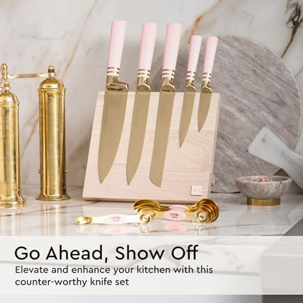 Styled Settings White Knife Set With Magnetic Knife Holder Stand - 6 Pc White Magnetic Knife Set With Ashwood Knife Block - Kitchen Accessories Kitchen Decor
