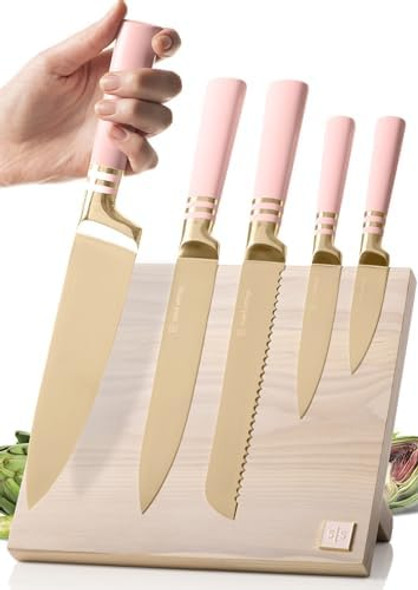 Styled Settings White Knife Set With Magnetic Knife Holder Stand - 6 Pc White Magnetic Knife Set With Ashwood Knife Block - Kitchen Accessories Kitchen Decor