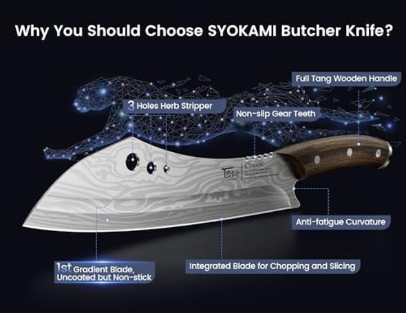 Butcher Knife 10 Inch Meat Cleaver Chef Knife With Herb Stripper Japanese Style High Carbon Steel Kitchen Knife For Chopping & Slicing Damascus Pattern Full Tang Wood Handle Ideal For