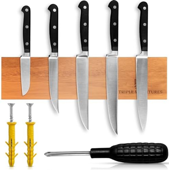 Magnetic Knife Holder – Premium Acacia Wood Knife Storage With Double-Sided Magnetic Stand Anti-Slip Base – Elegant Countertop & Standing-On Table Knife Organizer For Kitchen Tools