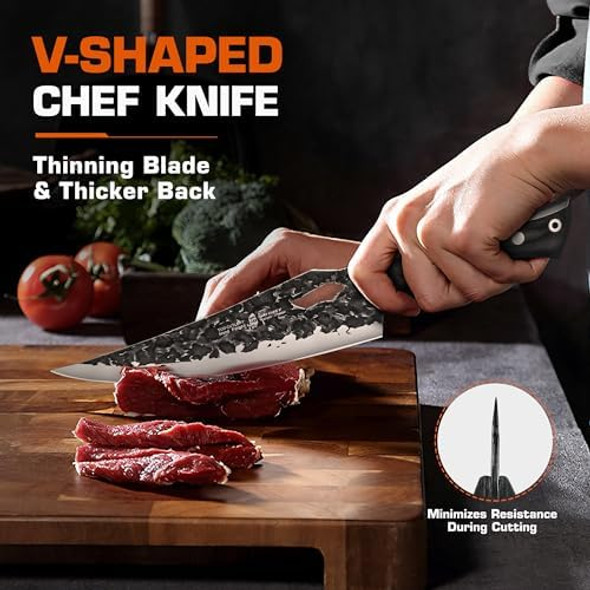 Tuo Hand Forged Chef Knife 8 Inch Wild Design Butcher Knife With Sheath For Meat Cutting High Carbon Steel Blade With Black Pakkawood Handle Sharp For Kitchen Cooking Bbq