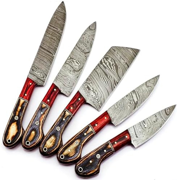 Professional Damascus Chef Knife Set Custom Handmade Kitchen Knife Set - Ergonomic Wood Handle For Home Cooks & Chefs With Leather Roll/Pouch 9010 Multiple Brown
