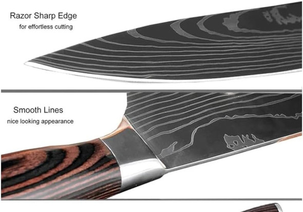 Damascus Kitchen Knives Set Of 5 – Razor-Sharp Steel Laser-Cut Damascus Pattern Includes Chef Knife Santoku Nakari & Paring Knife For Precision Cutting In Home Or Professional Kitchens