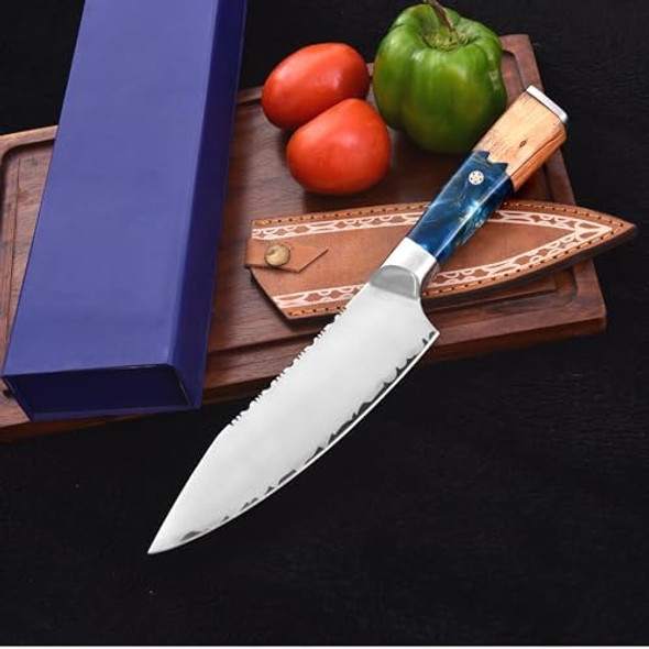 Master Kitchen Knife - 8 Inch - Premium Steel - Celestial Resin & Wood Handle - Razor Sharp - Kitchen Cooking Chef'S Knife - Leather Sheath. Master Kitchen Knife - 8 Inch - Premium Steel - Celestial Resin & Wood Handle - Razor Sharp - Kitchen Cooking Chef'S Knife - Leather Sheath.