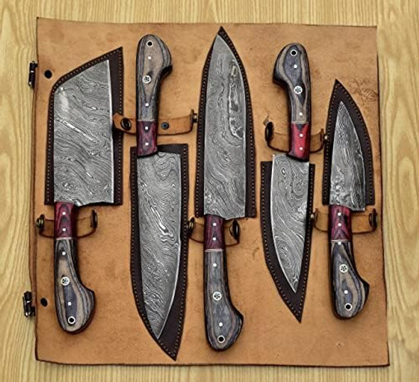 Hand Forged Chef Knives Kitchen Set Damascus Steel Knives Handmade Knife Setprofessional Chef Knives Set Vegetable Meat Cooking Knife Tools Accessories With Beige Solid Wood Handle5 Pieces Set Knife