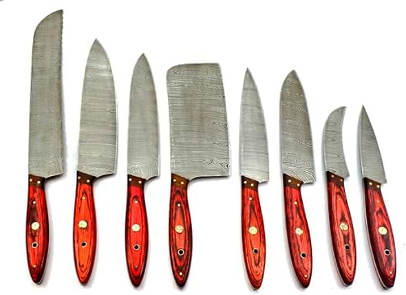 8Pcs Damascus Chef Knife Set Premium Quality Handmade Set With Leather Roll - Professional Kitchen Cutlery Set For Home Cooks & Chefs - Ergonomic Handles - Includes Storage Roll Red 8Pcs Damascus Chef Knife Set Premium Quality Handmade Set With Leather Roll - Professional Kitchen Cutlery Set For Home Cooks & Chefs - Ergonomic Handles - Includes Storage Roll Red