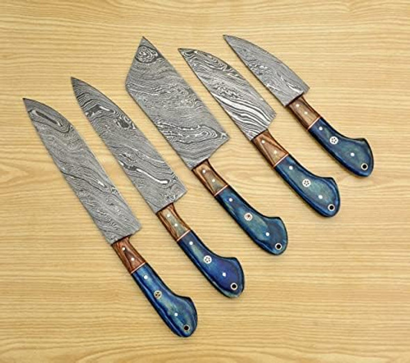 Handmade 5 Pieces Set Knife Hand Forged Kitchen Set Damascus Steel Knives Item For Herfine Tool Professional Chef Knives Set Vegetable Meat Cooking Knife With Blue Solid Wood Handle