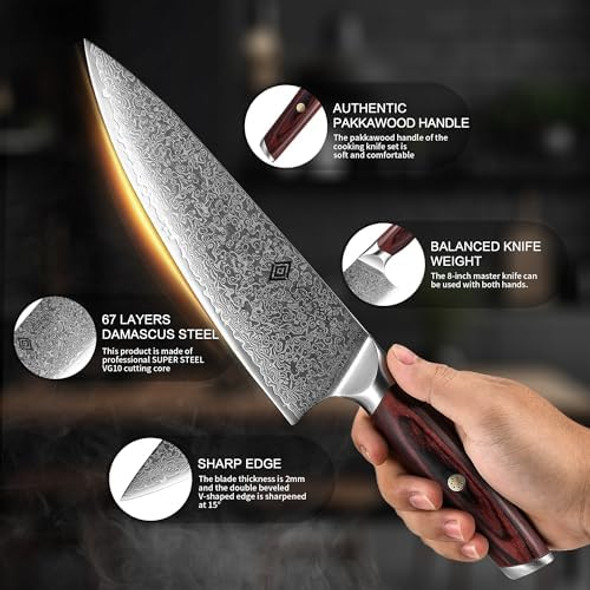 Damascus Chef Knife 8 Inch Professional Japanese Kitchen Knives Sharp High Carbon Super Steel With Ergonomic Pakkawood Handles Elegant Box Packaging