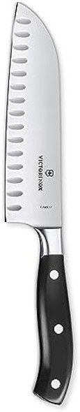 Victorinox Grand Maitre Santoku Knife - Ergonomic Sharp Chopping Knife For Kitchen Essentials - Black Handle Granton Edge 7"