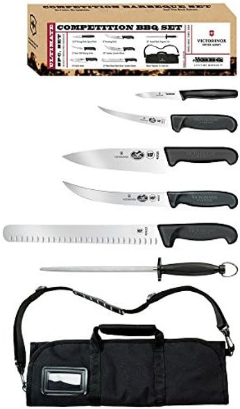 Victorinox Swiss Army 7-Piece Natural Competition Bbq Set With Black Fibrox Pro Handles And Knife Roll (46135Us2)