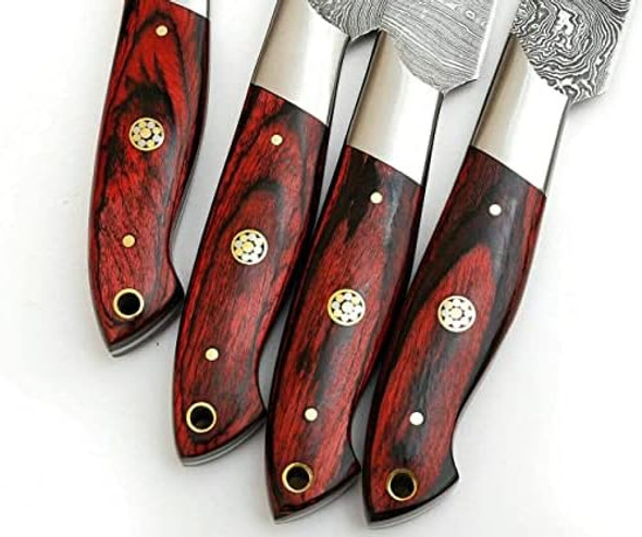 Handmade Damascus Steak Knives Set Of 4 Pcs Utility Chef Knife Set. Overall 9.5''Inches Length Of Steak Knives. 4 Piece Steak Dinner Knife Set With Red Pakka Wood. (1051)
