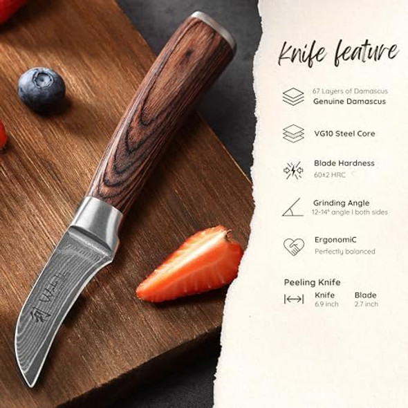 Wakoli Chef Knife 8-Inch & Peeling Knife 2.7-Inch Blade Damascus Knive Made From 67 Layers Damascus Steel With Vg10 Core Sharp Filleting Knofe With Pakkawood Handle Kitchen Knife In Box