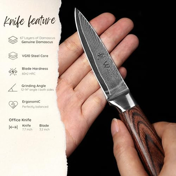 Wakoli Chef Knife 8-Inch & Office Knife 3.2-Inch Blade Damascus Knive Made From 67 Layers Damascus Steel With Vg10 Core Sharp Filleting Knofe With Pakkawood Handle Kitchen Knife In Box