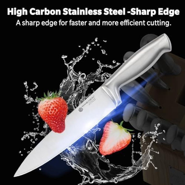 Wanbasion 14Pcs Kitchen Knife Block Set With Sharpener Sharp Kitchen Knives Set With Block Stainless Steel Knife Set With Block Dishwasher Safe Silver