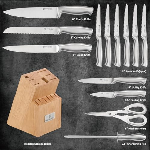 Wanbasion 14Pcs Kitchen Knife Block Set With Sharpener Sharp Kitchen Knives Set With Block Stainless Steel Knife Set With Block Dishwasher Safe Silver