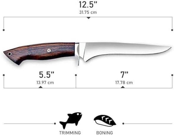 Warivo 12.5-Inch Boning Knife With Sheath High Carbon Steel Sharp Fillet Knife For Fish Ergonomic Rosewood Handle Deboning Knife For Meat Cutting Trimming Filleting Kitchen And Outdoor