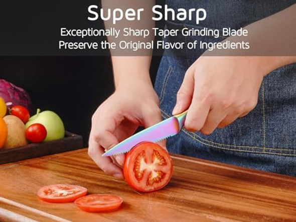 Wellstar Utility Knife 4 Inch Serrated Paring Knife With Super Sharp Rainbow High Carbon Stainless Steel Blade For Fruit Vegetable Cutting Peeling Slicing
