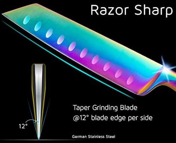 Wellstar Kiritsuke Chef Knife 8 Inch Razor Sharp German Steel Blade And Comfortable Handle With Rainbow Titanium Coated For Kitchen Food Cutting Slicing Dicing Asian Vegetable Meat Cooking Knife