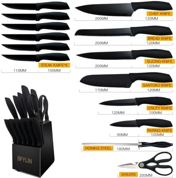 Knife Set With Block Kitchen Knife Set With Block 15 Pcs High Carbon Stainless Steel Block Knife Setkitchen Knife Setchef Knifesteak Knives Black (15Pcs Set)
