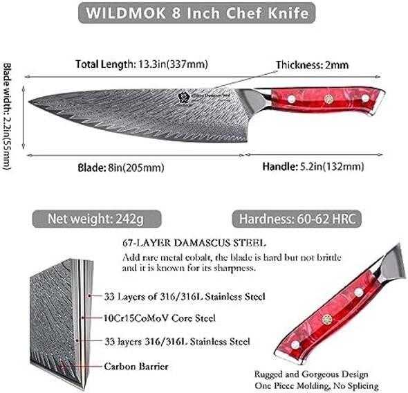 Wildmok Chef Knife And Paring Knife 8 Inch Damascus Japanese Chef Knife Dditional 3.5 Inchdamascus Paring Knife