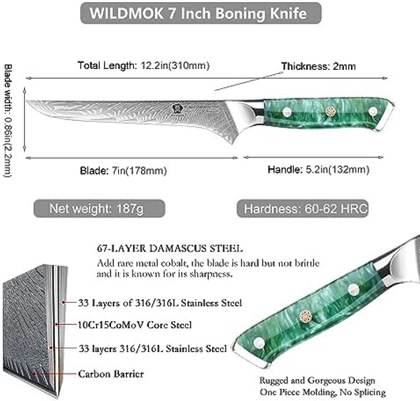 Wildmok Chef Knife And Boning Knife 8 Inch Damascus Japanese Chef Knife Additional 7 Inch Damascus Boning Knife
