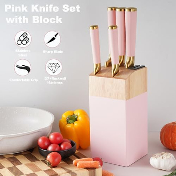 Kitchen Knife Set 6-Pieces Golden Titanium Coated Knife Block Set With Wood Knife Block & Built-In Sharpener Stainless Steel Sharp Chef Knife Set Knives Set For Home Kitchen (Pink)
