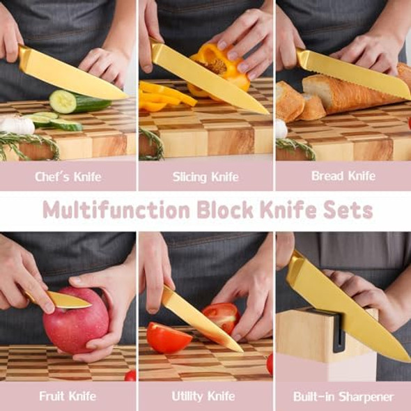 Kitchen Knife Set 6-Pieces Golden Titanium Coated Knife Block Set With Wood Knife Block & Built-In Sharpener Stainless Steel Sharp Chef Knife Set Knives Set For Home Kitchen (Pink)