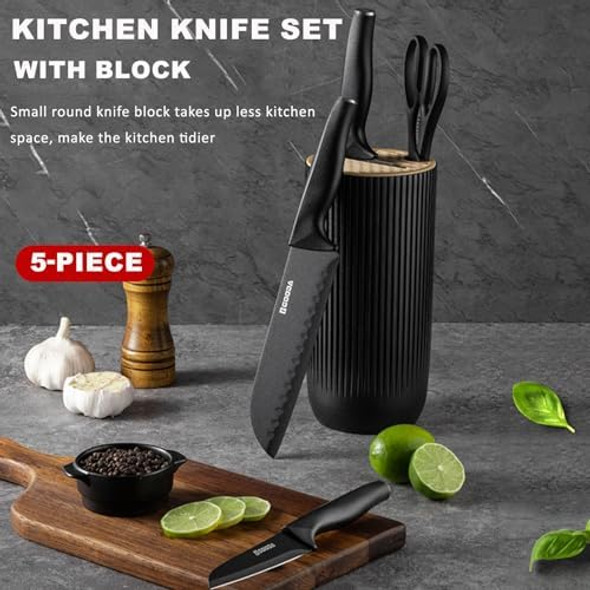 Kitchen Knife Set With Block 5-Piece Professional Knife Block Set Super Sharp Chef Knife Set With Universal Knife Holder Stainless Steel Kitchen Knives Set For Home Restaurant (Black)