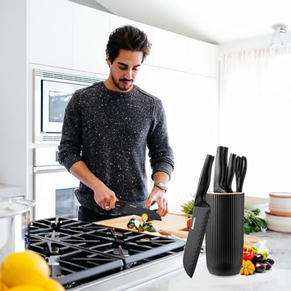 Kitchen Knife Set With Block 5-Piece Professional Knife Block Set Super Sharp Chef Knife Set With Universal Knife Holder Stainless Steel Kitchen Knives Set For Home Restaurant (Black)