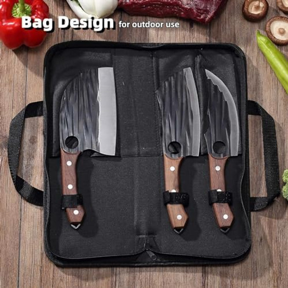 Butcher Knife Set With Bag，Serbian Chef Knife Full Tang High Carbon Steel Meat Cleaver For Meat Cutting Processinghand Forged Viking Carving Knife，Outdoor Bbq Camping Knife (3 Kitchen Knife)