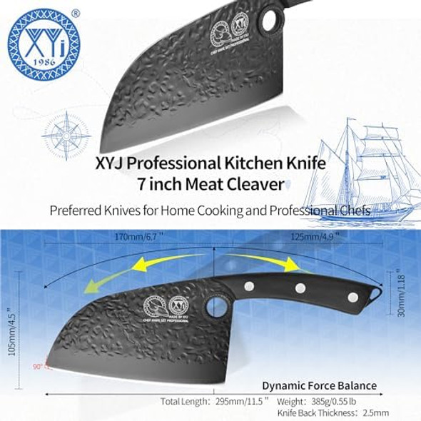 Xyj Hand Forged Serbian Meat Cleaver Chef Knife High Carbon Steel Butcher Knife Full Tang Kitchen Knives For Vegetable Meat Cutting 7 Inch Cooking Knife With Wood Handle Hammer Pattern