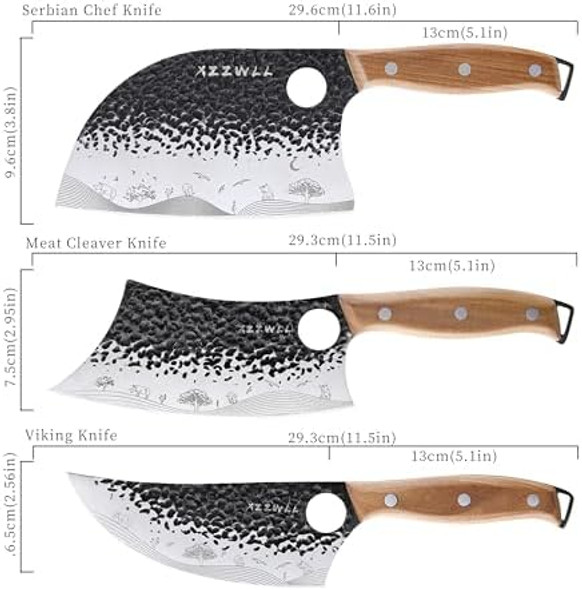 3Pcs Butcher Knife Set 7" Serbian Chef Knife & 7" Meat Cleaver & 6.5" Viking Knife Hand Forged With Wooden Handle Kitchen Knives For Cooking Camping Bbq Carve Pattern And Finger Hole Design