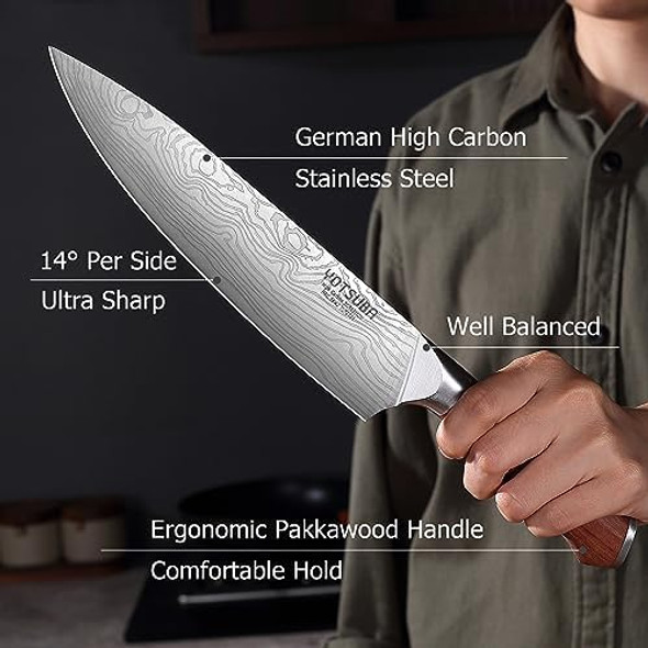 Yotsuba Professional Chef Knife 8 Inch And Utility Knife 5 Inch Super Charp Edge Pakkawood Handle Ergonomical Design 56 Degree Hardness Steel
