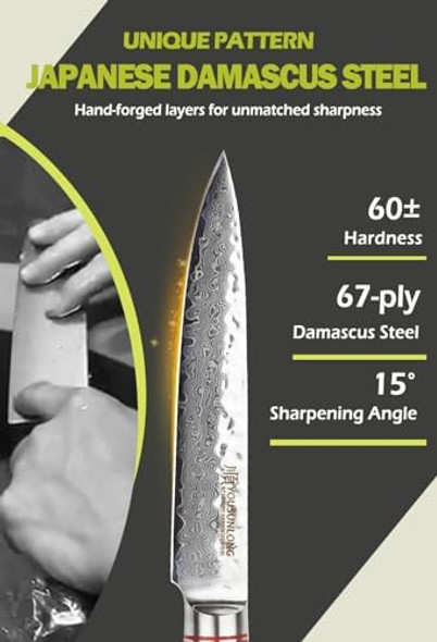Yousunlong Utility Knife 5 Inch Japanese 67 Layers Hammered Damascus Steel With Natural Leadwood Handle